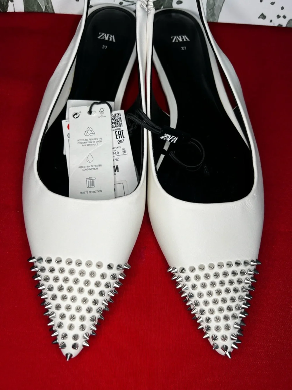 ZARA Women's Pointed Toe Studded Leather Slingback White Flats Sz 37 NWT